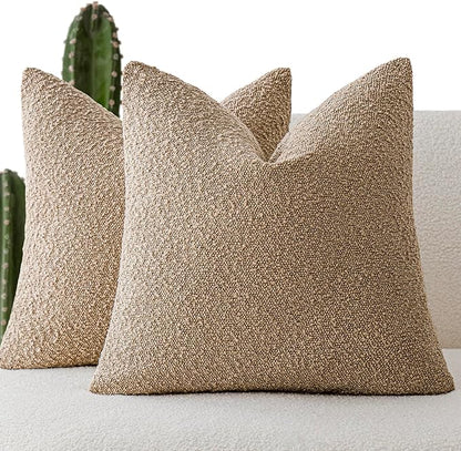 Foindtower Set of 2, Decorative Textured Boucle Throw Pillow Covers Accent Solid Pillow Cases Soft Cozy Couch Cushion Case for Chair Sofa Bedroom Living Room Home Decor 26 x 26 Inch Taupe Khaki Camel