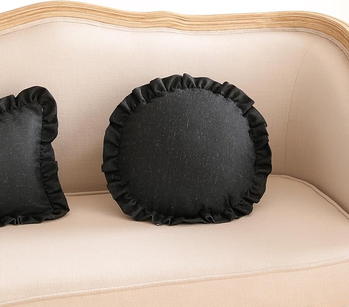 ISAENNE Classic Black Round Throw Pillow Cover Diameter 16", Solid Color Farmhouse Linen Cotton Decoration Pillow Cover with Ruffles, Sturdy Throw Pillow Case for Couch Sofa Bed Living Room