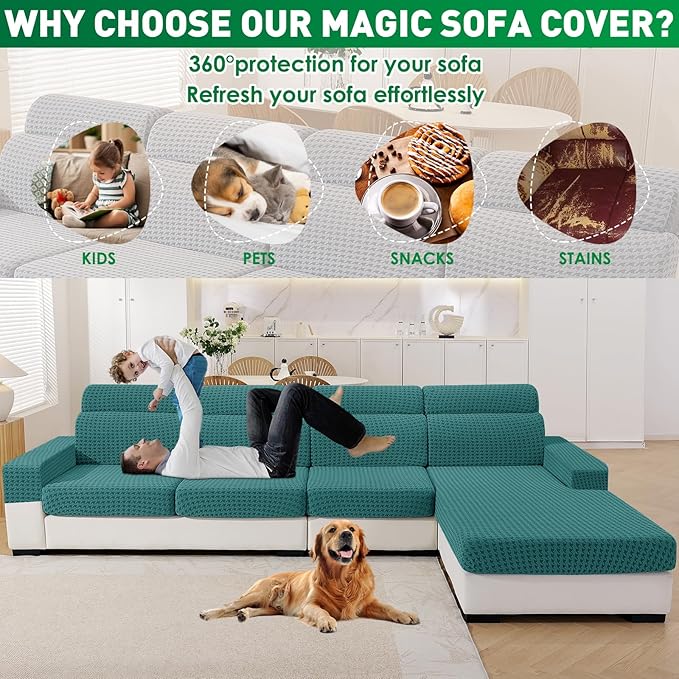 MAXIJIN Couch Cushion Covers for Sectional Sofa, Stretch Sofa Cushion Cover Washable Furniture Protector with Elastic Bottom & Non-Slip Strap for Pets Kids (1PC Chaise Cover, Peacock Blue)