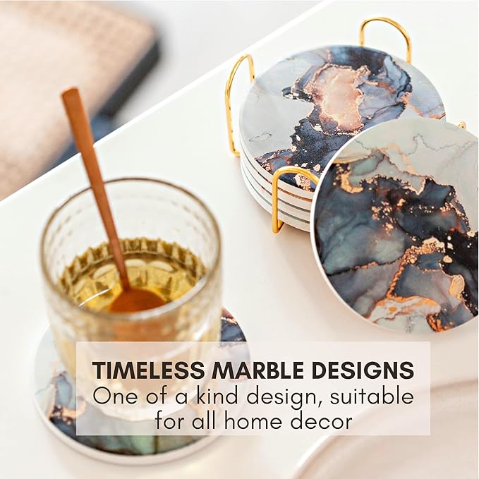 Ceramic Absorbent Coasters Set of 6 with Holder, Marble Drink Coasters for Coffee Table, Water Absorbing Coaster (Twinkle)