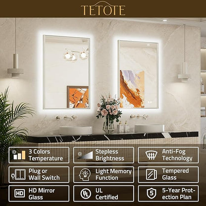 TETOTE 55 x 30 Backlit Mirror Brushed Nickel Metal Frame LED Light Vanity 3-Color White/Warm/Natural Stepless Dimmable Anti-Fog Backlight Mirror Wall-Mounted
