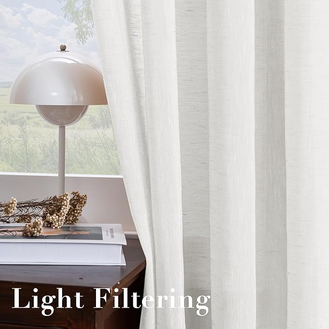 H.VERSAILTEX Linen Curtains Nickel Grommet Natural Linen Semi-Sheer Curtains 2 Panels Privacy Added Premium Soft Rich Material Drapes for Bedroom/Living Room - 52x54 - Inch - White