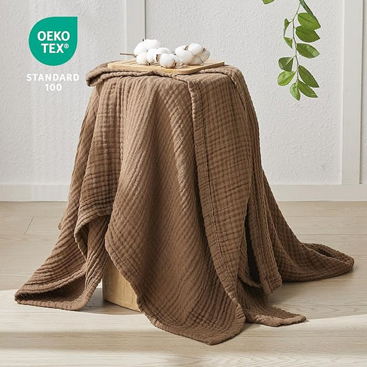 EMME Cotton Muslin Large Throw Blanket Couch Breathable Gauze Blanket Soft Lightweight Bed Blankets Adults (Brown, 50"x70")