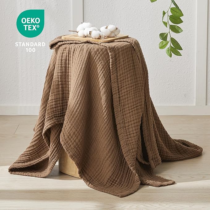 EMME Cotton Muslin King Blanket Bed Layering Breathable Gauze Blanket Soft Lightweight Blankets Adults (Brown, 108"x90")
