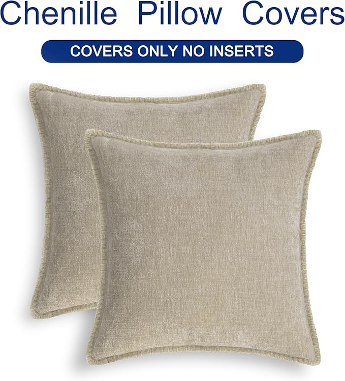 CaliTime Throw Pillow Covers Decorative 18 X 18 Inches Pack of 2 Cotton Thread Stitching Edges Solid Dyed Soft Chenille Cushion Cases for Couch Sofa Bed Living Room Farmhouse Light Taupe