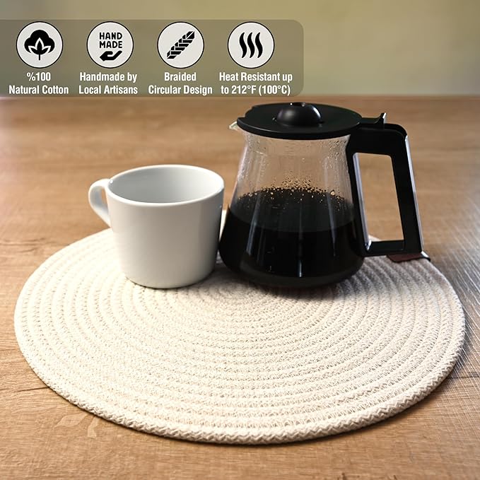 Round Placemats, Set of 6, Handmade by Braided Cotton Cord for Kitchen and Dining Table, Dia. 12.6 Inch, Doublesided, Heat Resistant, Off-White/Cappuccino