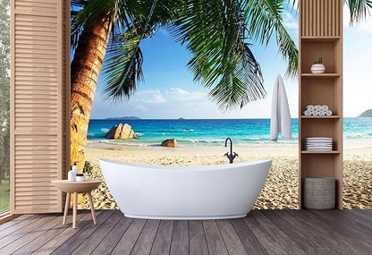 Beach Wall Mural Tropical Palm Trees Wallpaper for Bedroom Bathroom（Not Peel and Stick）