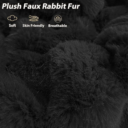 LIFEREVO Luxury Faux Rabbit Fur Round Inflatable Pouf Ottoman, 20 X 16 Fluffy Waffle Bubble Floor Poufs Foot Stool Rest Living Room Bedroom, Furry Pouf Ottoman Chair Seat Home Decor, Anti-Slip, Black