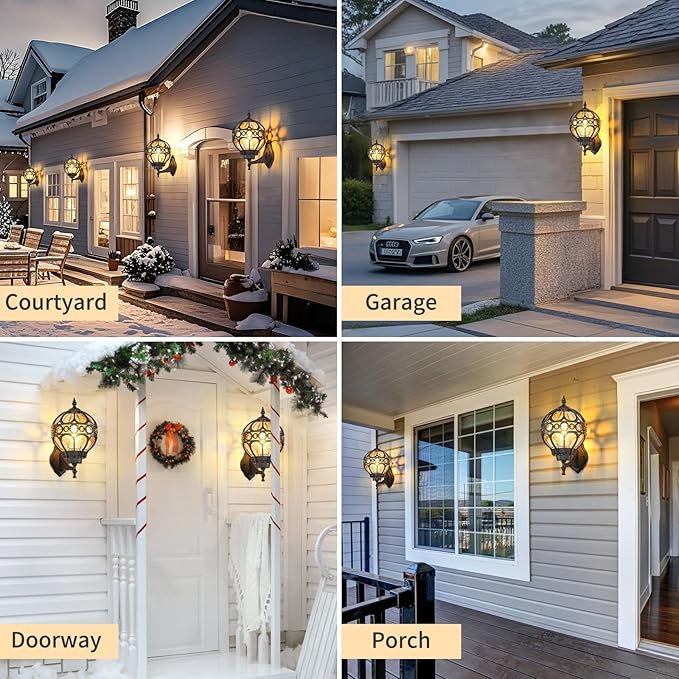 Dusk to Dawn Outdoor Lighting, Black Porch Wall Lights, Black Globe Aluminum Exterior House Lantern Wall Mount with Amber Glass, Anti-Rust Waterproof Outside Light Fixtures for Patio Doorway Garage