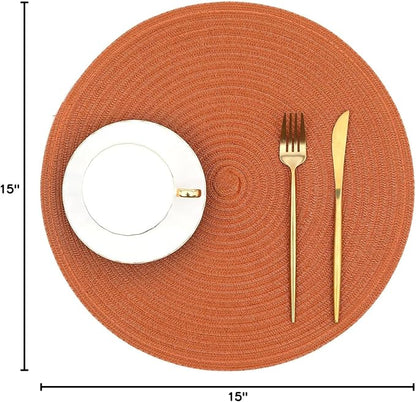SHACOS Round Placemats Set of 6 Washable 15 inch Round Placemat Cotton Polyester Woven Braided Table Place Mats for Dining Table Decor, Dark Orange