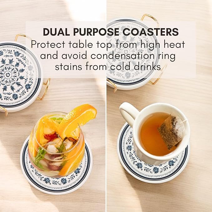 Mandala Ceramic Absorbent Coasters Set of 6 with Holder, Marble Drink Coasters for Coffee Table, Water Absorbing Coaster (Zen)