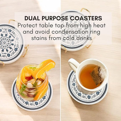 Mandala Ceramic Absorbent Coasters Set of 6 with Holder, Marble Drink Coasters for Coffee Table, Water Absorbing Coaster (Zen)