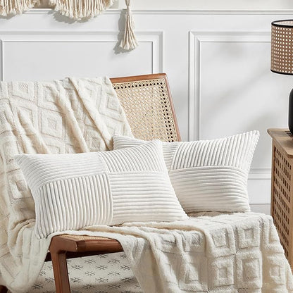 Fancy Homi 2 Packs Cream White Lumbar Decorative Throw Pillow Covers 16x28 Inch for Couch Bed Sofa, Rustic Farmhouse Boho Home Decor, Soft Striped Corduroy Rectangle Accent Cushion Case 40x70 cm