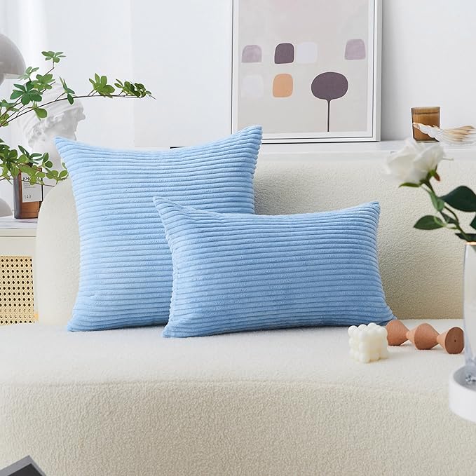 Home Brilliant Lumbar Pillow Covers 12x20 2 Pack Decorative Striped Corduroy Rectangle Cushion Covers Oblong Pillow Covers for Couch, 12 x 20 inch, Baby Boy Blue