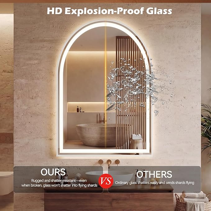 Sweetcrispy 28"×36" LED Bathroom Mirror with Lights, Arched Vanity Mirror with Anti-Fog, Dimmable, 3-Color Light, Memory Function, Tempered Glass