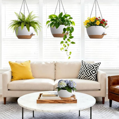 Set of 3-10 Inch Self Watering Hanging Planters for Indoor & Outdoor，Hanging Plant Pots with Drainage & Removable Tray, Hanging Pots Holder for Pothos Plant, Ferns, Balcony & Patio,White with Brown