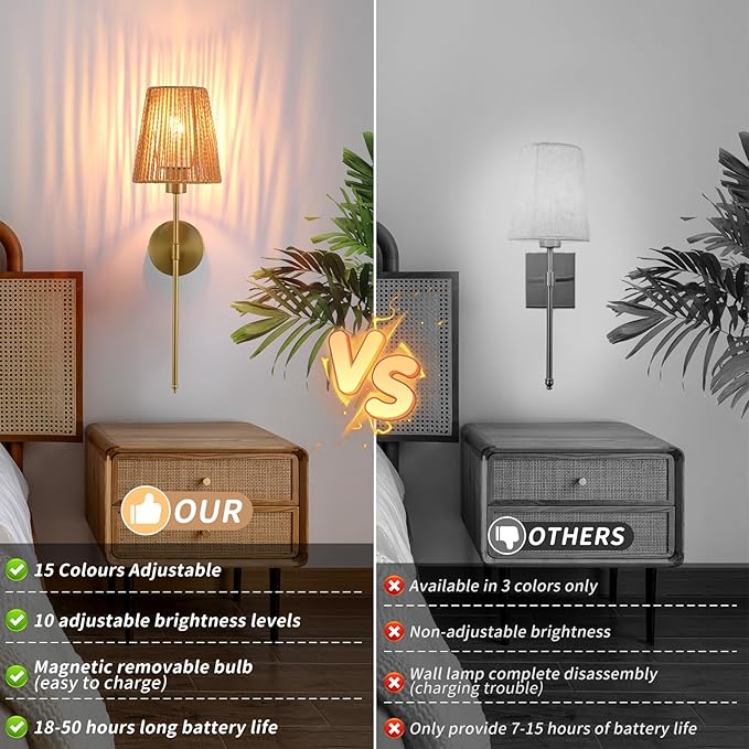 Battery Operated Wall sconces Set of Two,Rattan Shade Gold with Remote Rechargeable Light Bulbs,dimmable RGB,Living Room,Bedroom,Hallway,Bathroom can be Used