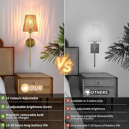 Battery Operated Wall sconces Set of Two,Rattan Shade Gold with Remote Rechargeable Light Bulbs,dimmable RGB,Living Room,Bedroom,Hallway,Bathroom can be Used