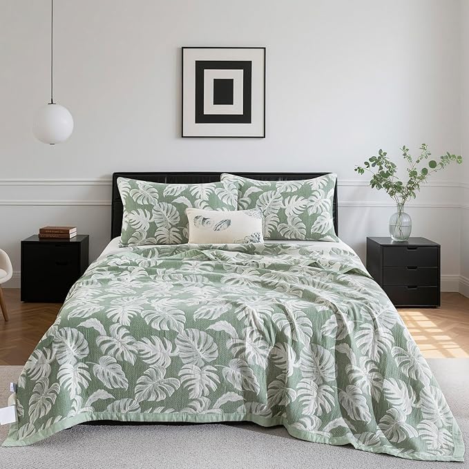 100% Cotton Muslin Jacquard 3 Piece Quilt Set Tropical Monstera Leaf Print, Soft 3 Layers Gauze Bed Cover Reversible Bedspread Coverlet Breathable Lightweight Bedding Set, Queen
