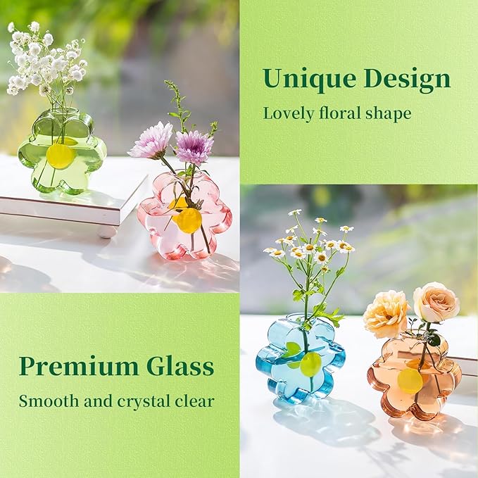 Hewory Unique Small Vases for Flowers: Colorful Vase Set Girly Home Shelf Decor - Cute Glass Bud Vases for Centerpieces Modern Living Room Office Bedroom (Pink & Blue & Green & Amber)