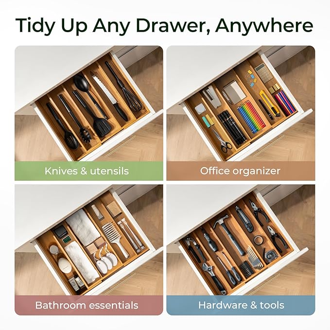 Carbonized Bamboo Kitchen Drawer Organizer, 5 Slots Expandable Silverware Organizer, Utensil Holder & Cutlery Tray, 2.2" Deep for Extra Capacity, Non-Slip Feet Included