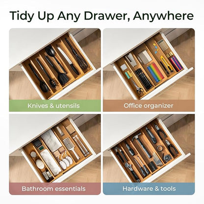 Carbonized Bamboo Kitchen Drawer Organizer, 5 Slots Expandable Silverware Organizer, Utensil Holder & Cutlery Tray, 2.2" Deep for Extra Capacity, Non-Slip Feet Included