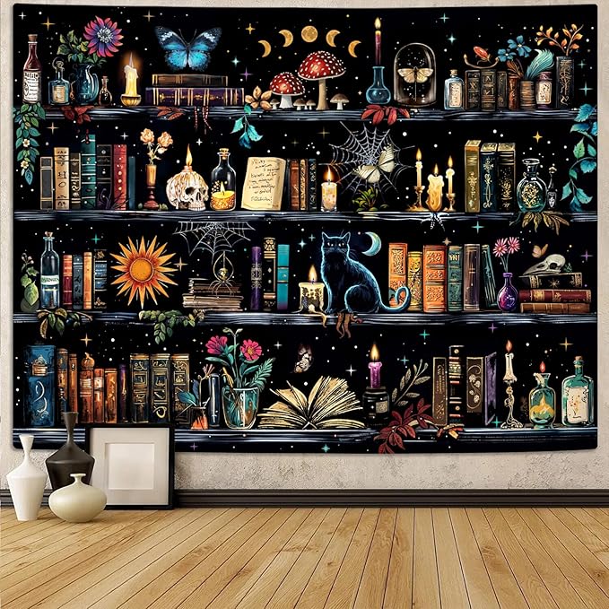 YEXIT Magic Bookshelf Tapestry, Witches & Skulls Gothic Wall Tapestries Black Cat for Study Room Living Room Dorm Bedroom 44×60 inch