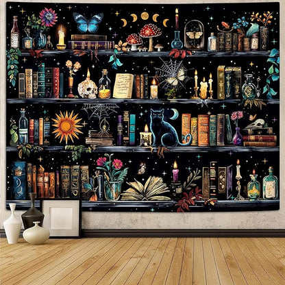 YEXIT Magic Bookshelf Tapestry, Witches & Skulls Gothic Wall Tapestries Black Cat for Study Room Living Room Dorm Bedroom 36×48 inch
