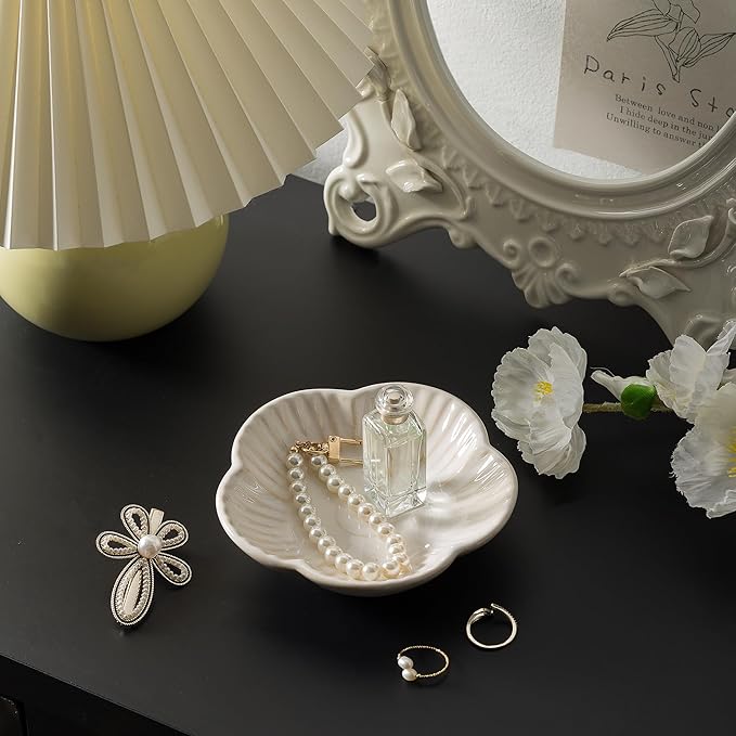 Flower Shape Ring Tray Jewelry Dish Key Bowl Ceramic Trinket Tray Decorative Jewelry Dish for Rings Necklace Earring Key Watch Home Decoration for Friend Sister Mom(White)