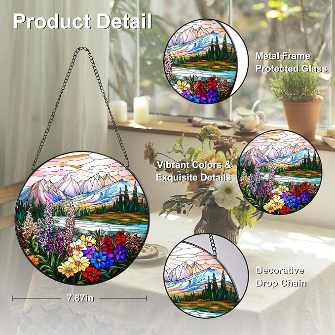 Valley Stained Glass Window Hanging, 7.8" Round Sun Catcher Hand Painted Wall Art Decor with Chain, Unique Housewarming Gifts for Couples, Home