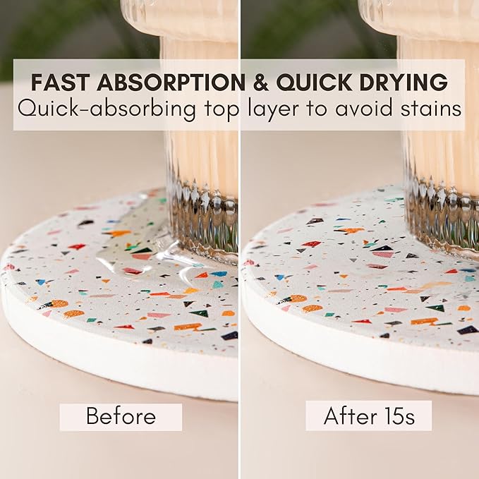 Terrazzo Drink Absorbent Coasters with Holder Set of 6, Ceramic Coaster for Drinks, Coffee Table Decor, Water Absorbing Stone Coaster for Drinks (Color Burst)