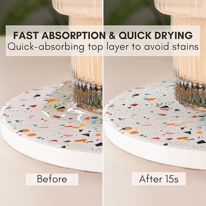 Terrazzo Drink Absorbent Coasters with Holder Set of 6, Ceramic Coaster for Drinks, Coffee Table Decor, Water Absorbing Stone Coaster for Drinks (Confetti)