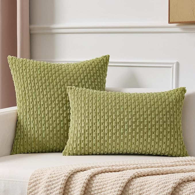Kevin Textile Spring Decorative Pillow Covers Set of 2 Striped Plush Corduroy Pillows Pillowcases Boho Home Decor Cushion Covers for Couch Sofa Bed Living Room 18x18 Inch, Grass Green