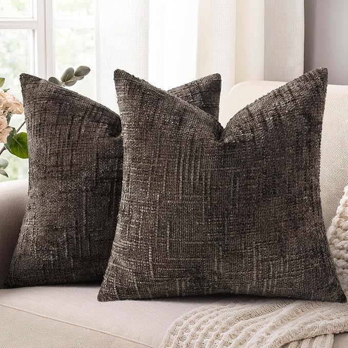 decorUhome Spring Dark Brown Chenille Euro Sham Throw Pillow Covers 24x24 Set of 2 Textured Slubby Couch Pillow Covers Farmhouse Accent Modern Neutral Decorative Pillow Cases for Bed Sofa Living Room