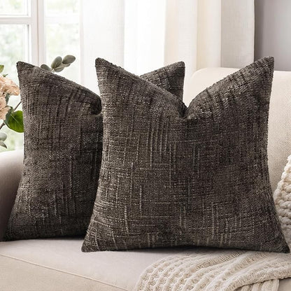 decorUhome Spring Dark Brown Chenille Throw Pillow Covers 18x18 Set of 2 Textured Slubby Couch Pillow Covers Farmhouse Accent Modern Neutral Decorative Pillow Cases for Bed Sofa Living Room