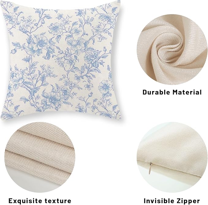 Baby Blue Pillow Covers 16x16 Set of 2 Blue and Cream Floral Chinoiserie Throw Pillows Vintage Rustic Toile Flower Decorative Pillowcase Outdoor Chinoiserie Decor Cushion Case for Couch Sofa