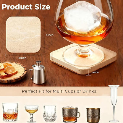 Single Stone Coaster Natural Travertine, Wood Desk Drink Coasters for Coffee Table with Thick Cork, Durable Non-Slip Cup Mat, Table Protection for Coffee, Kitchen, Bar, Wedding, 4" Square 1 pcs