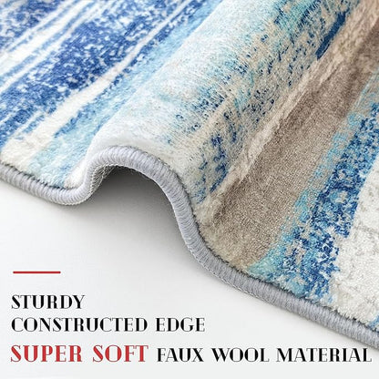 Modern Abstract Hallway Runner Rug, Blue Washable Kitchen Runner Non-Slip Soft 2x8 Runner Rug Thin Print Faux Wool Carpet for Entryway Bedroom Laundry Room Indoor