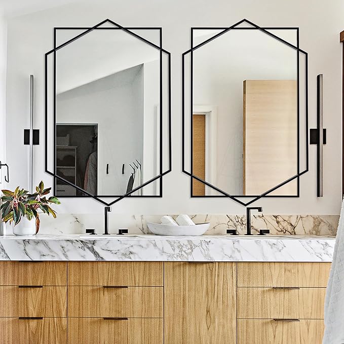Black Decorative Mirror for Wall Decor, 32"x47" Modern Large Living Room Mirror with Hexagon and Rectangular Metal Frame for Bathroom, Entrance, Bedroom, Dining Room