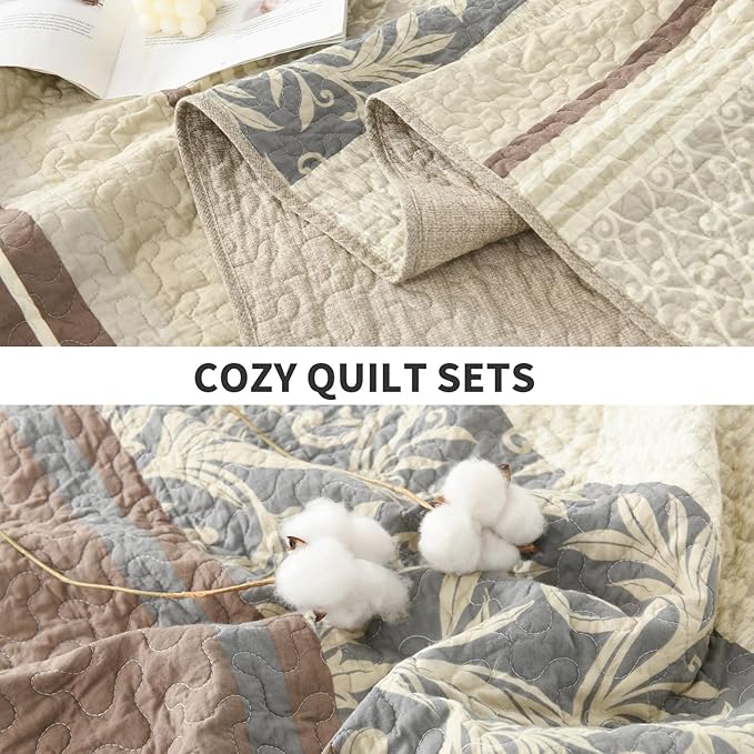 PERHOM King Size Quilt Set, 3 Pieces 100% Cotton King Quilted Bedding with 2 Pillow Shams, Farmhouse Stiped Botanical Pattern, Lightweight Reversible Coverlet Bedspread, Brown/Beige/Gray
