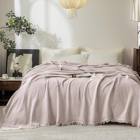 FOSSA Muslin Blanket with Fringe - 4-Layer 100% Cotton Gauze Super Soft & Breathable Throw -Lightweight Decorative Cooling Blanket for Bed, Sofa, Office (Greyish Pink, Super King (108" × 98"))