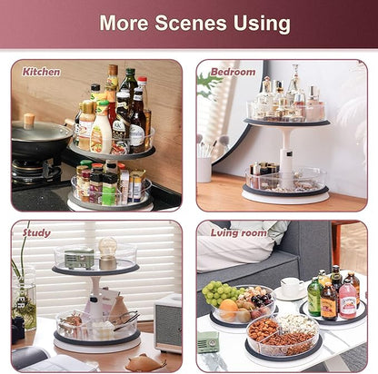 2 Tier Lazy Susan Organizer Clear Turntable for Cabinet Bathroom Countertop and Pantry with Large Spice Rack (11 Inch, White)