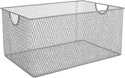 YBM Home Mesh Wire Storage Basket for Shelves, Pantry Organization, and Kitchen - Multipurpose Steel Wire Basket Holder Bin for Organizing Office Supplies, Household Toiletries and Laundry Supplies