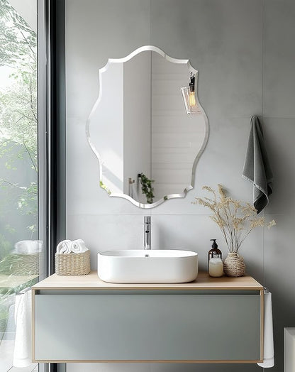 Frameless Scalloped Wall Mirror: Decorative Scallop Oval Mirrored Glass Vanity with Beveled Silver Edge for Bathroom Bedroom Livingroom Dining Room Entryway Hallway, 28 x 20 inch
