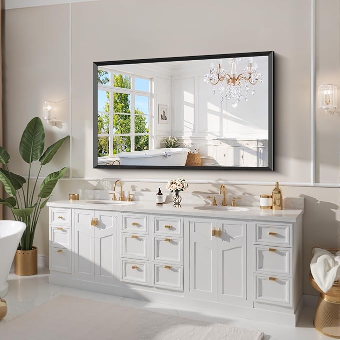 Black Bathroom Mirror 36 x 60 Inch Rectangle Wave Beveled Frame for Wall Bathroom Vanity Mirror for Over Sink, Tempered Glass,for Entryway Hangs, Bathroom Living Room Horizontal or Vertical