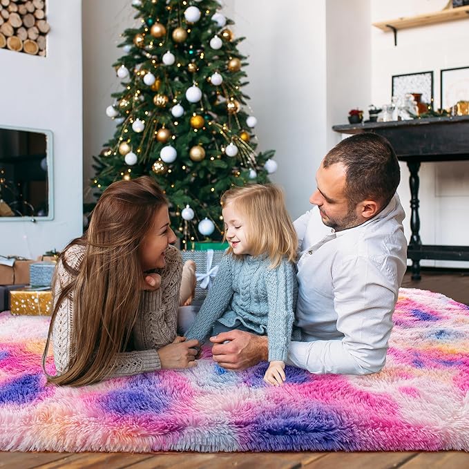 8x10 Large Area Rugs for Living Room, Ultra Fluffy Shag Rug for Bedroom, Modern Plush Soft Carpet for Girls Boys Kids Room Dorm Fuzzy Non Slip Rug for Home Decor Aesthetic, Dark Rainbow