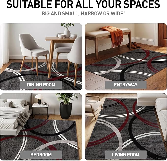Rugshop Modern Wavy Circles Design Non-Shedding Area Rug, Carpet for Bedroom, Entryway, or Office, Red, 3'3" x 5'