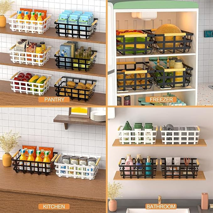 Large Metal Farmhouse Baskets,4 Packs Pantry Storage Baskets,Matte Black Food Organizer Storage Bin Basket with Wood Handles for Kitchen Cabinets Shelf Pantry