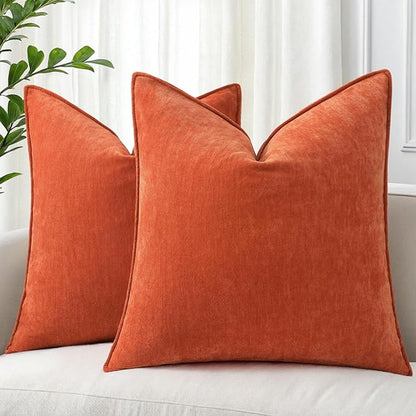 decorUhome Spring Couch Euro Sham Throw Pillow Covers 22x22 Set of 2, Decorative Soft Velvet Neutral Chenille Pillow Covers with Elegant Design for Sofa Bed Living Room Home Decor, Rust
