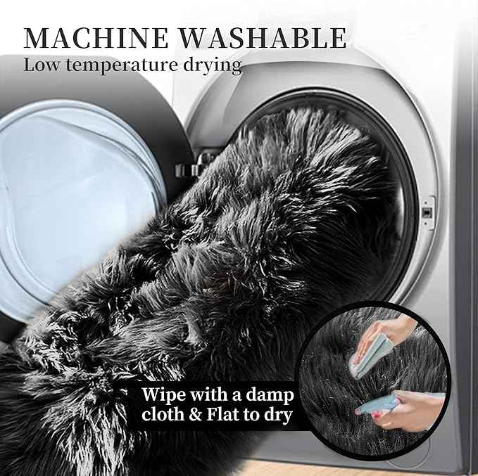 Black Shag Washable Furry Fur Area Rugs for Bedroom Faux Sheepskin Fuzzy Fur Nursery Rug Runners 2x6 Cute Room Décor